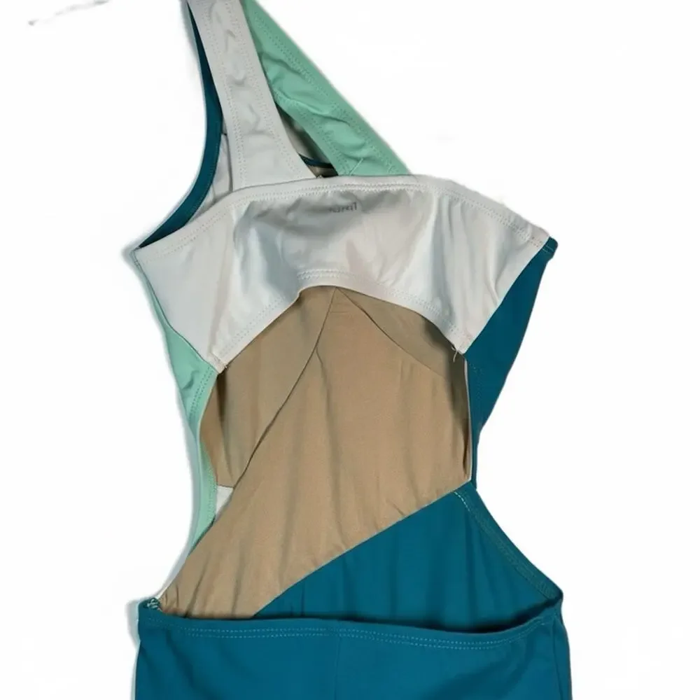 Lumi Collective Asymmetrical Colorblock Teal Mint Unitard Dance Gymnastics YM
